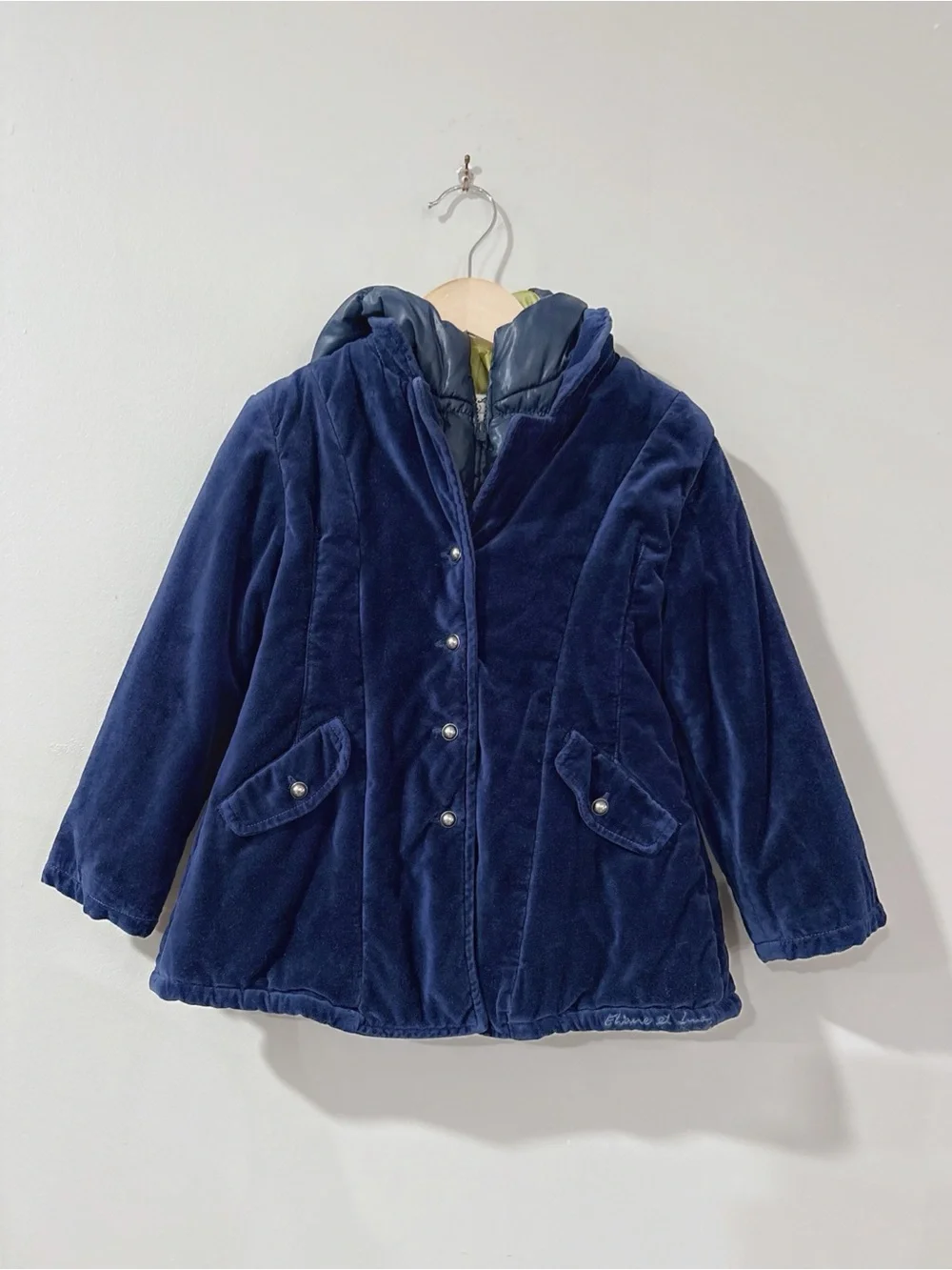 Eliane et Lena Girls Velvet Puffer Coat 2A Blue Hooded Paris Chic Jacket